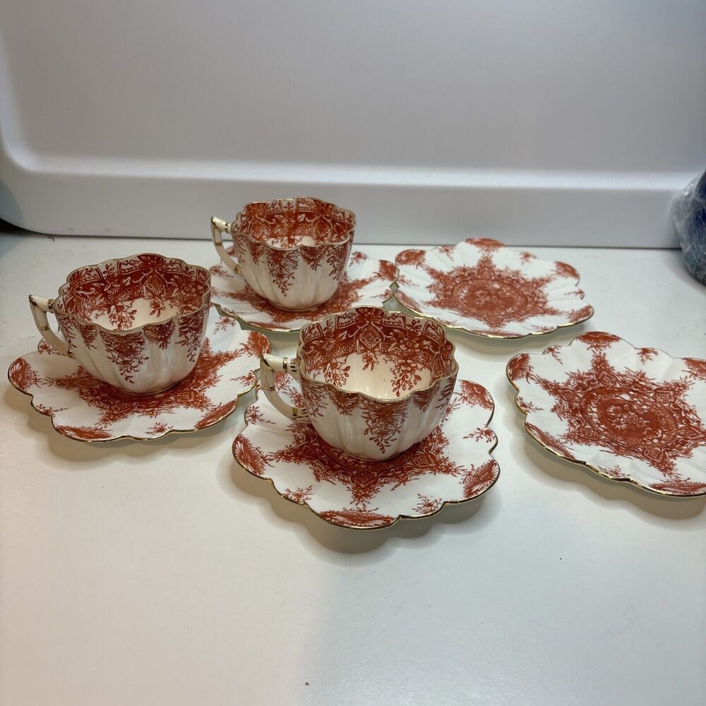 3 Early WILEMAN Foley SHELLEY Paradise CUPS AND SAUCER 1890 Terracotta Orange